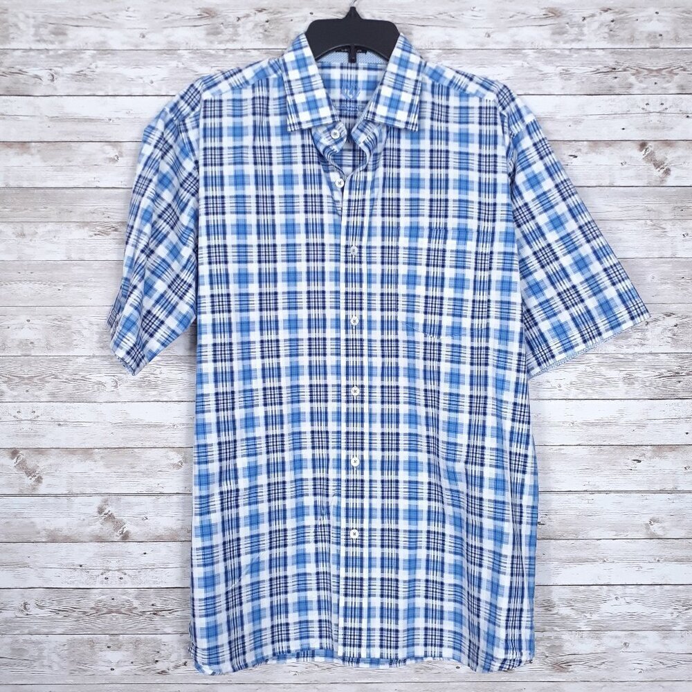 Bugatchi Uomo Mens Button Up Shirt L Classic Fit Blue Plaid 388A
